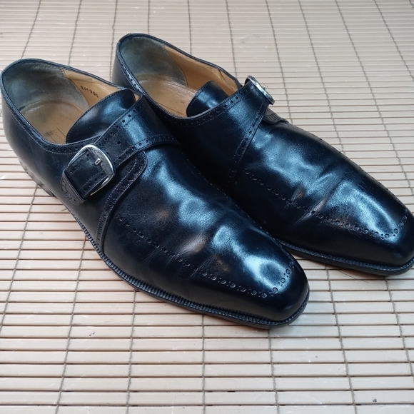 Domani Shoes By Johnston & Murphy Monk Strap Buckle Black Brogue Hand Made Itali - Picture 1 of 11